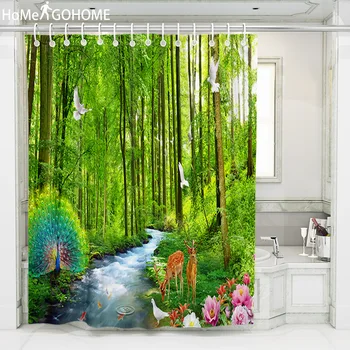 

Peacock Shower Curtain 3D Bathroom Shower Curtain Boho Curtains for Bath Shower Waterproof Fabric Natural Forest River Landscape