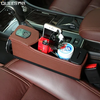 

QUEES Car Gap Storage Box USB With Rechargeable Leather Storage Case Water Cup Holder Multi-function Coin Box Car Assessoires