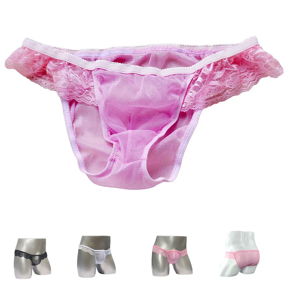 Low-waist sexy mens lace briefs men's gauze transparent male underwear briefs black, pink,white ZJH140S