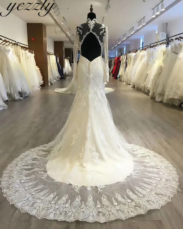 Robe De Mariage сексуальное свадебное платье русалки с высоким вырезом, с длинными рукавами, кружевное свадебное платье с аппликацией Bruidsjurken YW20