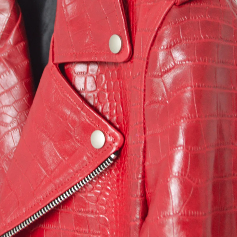 Mauroicardi Spring Red Crocodile Pattern Faux Leather Biker Jacket Long Sleeve Zipper Plus Size Designer Men Clothing 4xl 5xl 5