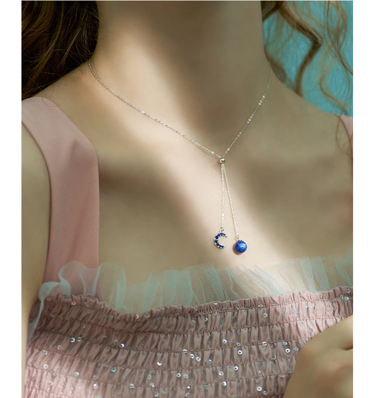 XIYANIKE 925 Sterling Silver New Fashion Blue Moon Planet Tassel Pendant Necklace Jewelry Adjustable for Women Party Accessories