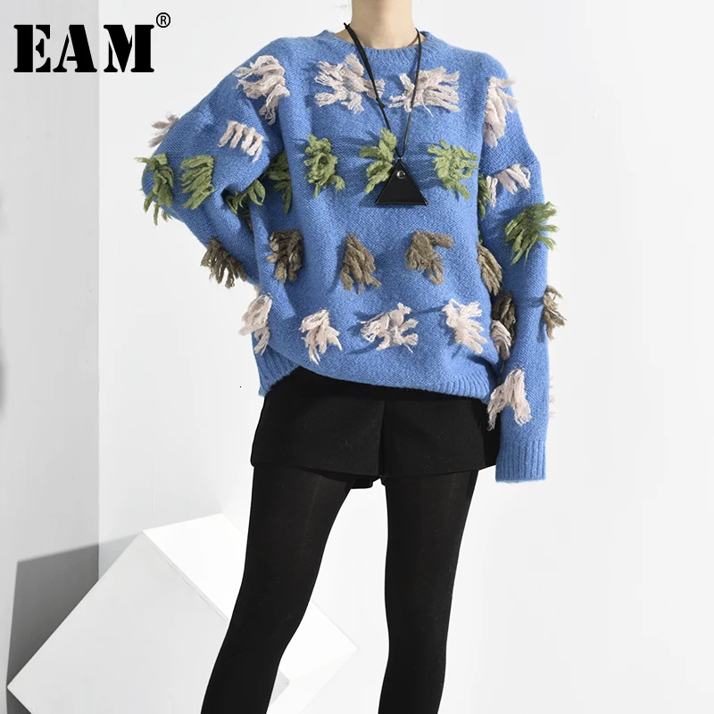 

[EAM] Tassels Big Size Knitting Sweater Loose Fit Round Neck Long Sleeve Women Pullovers New Fashion Spring Autumn 2020 1H4870