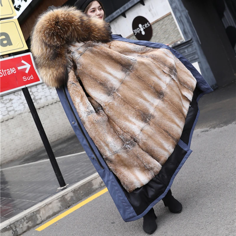 Женская коллекция, большой капюшон с натуральным мехом енота, подкладка из натурального кроличьего меха, зимняя парка с натуральным мехом, плотное пальто, уличная одежда - Цвет: 1