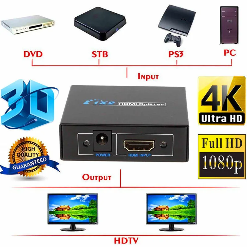 Металлический черный Full HD HDMI сплиттер ретранслятор усилитель 3D 1080P 4K переключатель коробка набор