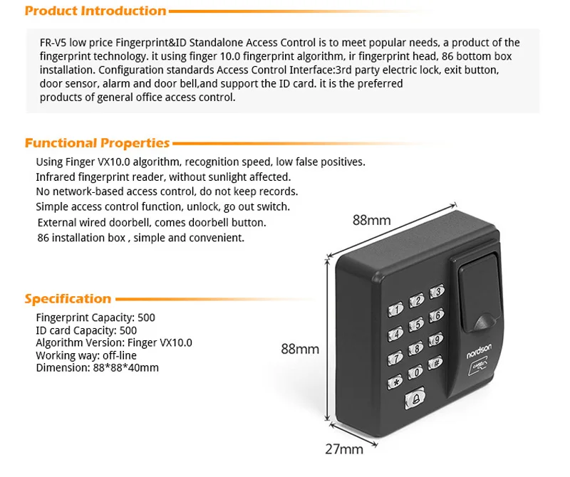 Nordson Original Door Standalone RFID Biometric Fingerprint Access Control Device Connect Electric Lock/Exit Button/Doorbell