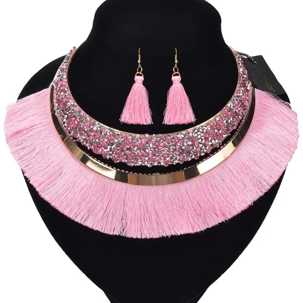 7 цветов, богемное ожерелье с кисточками, висячие серьги, женский ювелирный набор, ожерелье с нагрудником, Женские аксессуары для вечеринки, розовый, зеленый