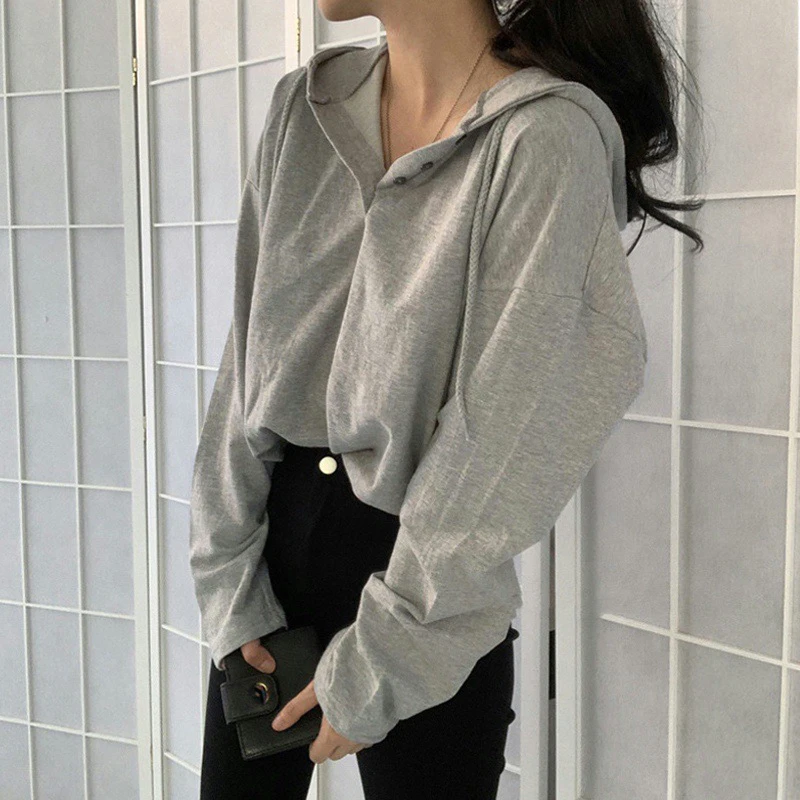 

Fall 2021 Womens Fashion Long Sleeve Thin Buttons Hooded T Shirt Loose Lazy Wind Simplicity Harajuku Beautiful Oversized Pulover