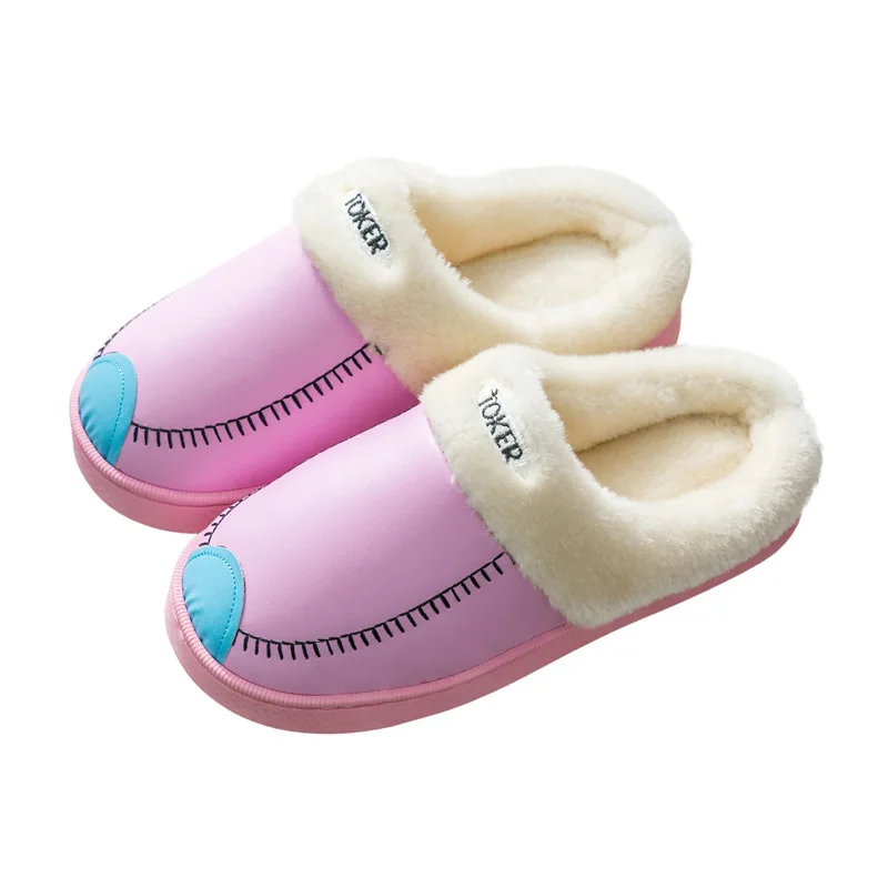 

Cotton Slippers Women's Couples-Style Leather Indoor Thick Bottomed Home Home Winter Cover Heel Waterproof Pu Household Plush Zh