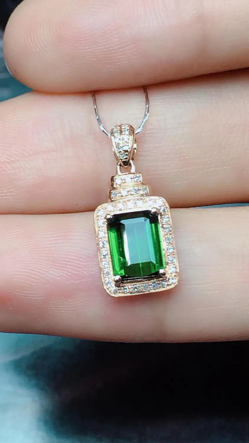 Настоящие хорошие драгоценности 18 K Природный зеленый турмалин 1.6ct Бразилия происхождения бриллианты драгоценный камень, Бриллиант Женские Подвески Ожерелья