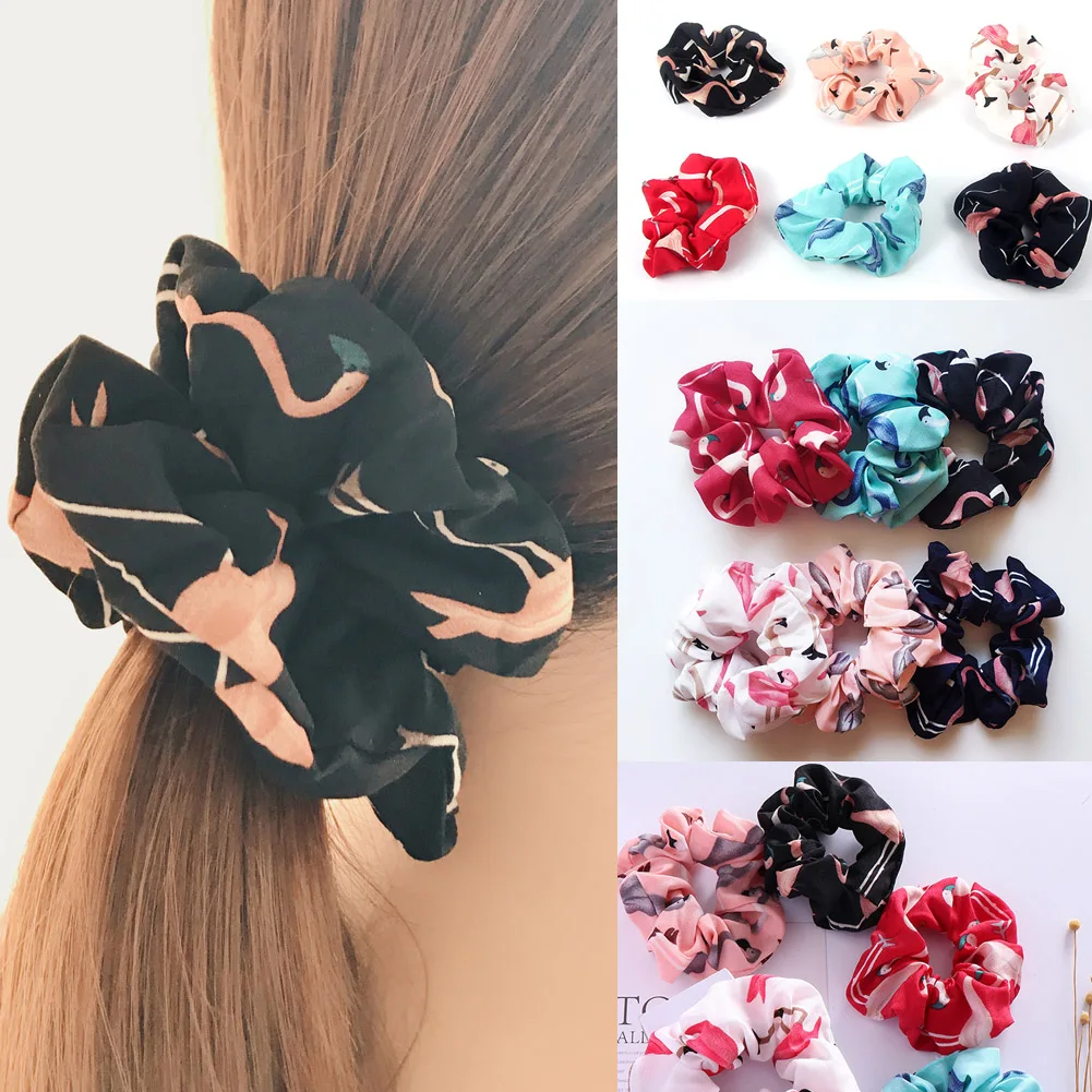 Women Hair Tie Floral Flamingo Design Scrunchie Ponytail