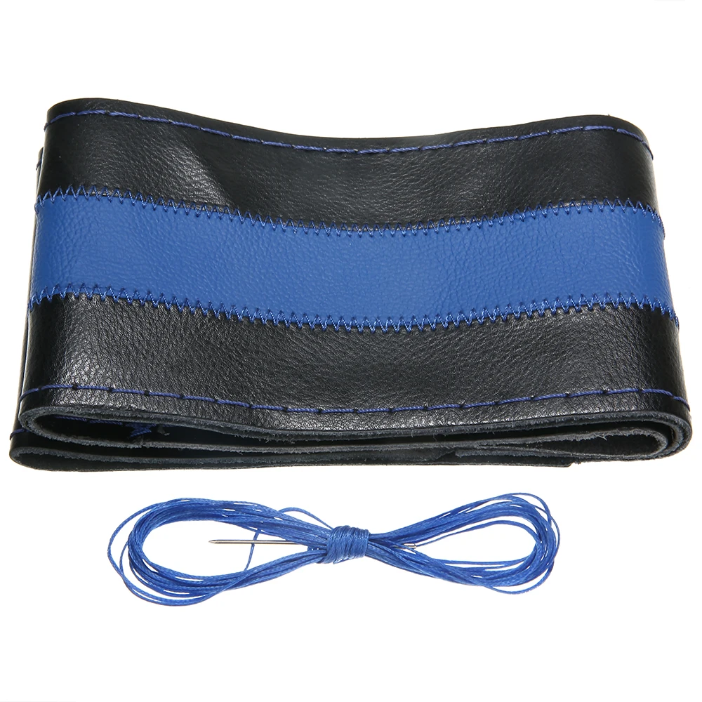 1PC Black+Blue DIY Car Steering Wheel Cover Genuine Leather  Covering 38cm W/ Needles Thread For Auto Decorative Accessories