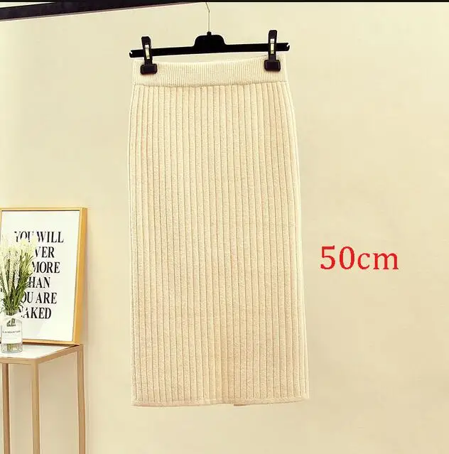 apricot 50cm Женская юбка-карандаш с высокой талией, Осень-зима, элегантная облегающая трикотажная юбка, черная однотонная женская офисная длинная юбка, jupe femme - Цвет: apricot 50cm