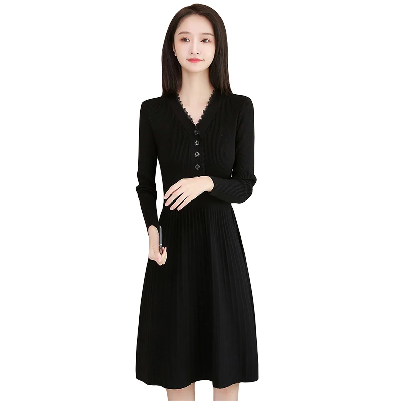 Japanese Fashion Wool Sweaters Dress for Women Button Knitting Woman Dress Winter Long Sleeve Office Lady Bodycon Dress