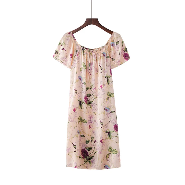 Чистый шелк тутового цвета с цветочным рисунком, ночная рубашка, модная ночная рубашка, мягкая одежда для сна, летнее платье, разные цвета, свободный размер