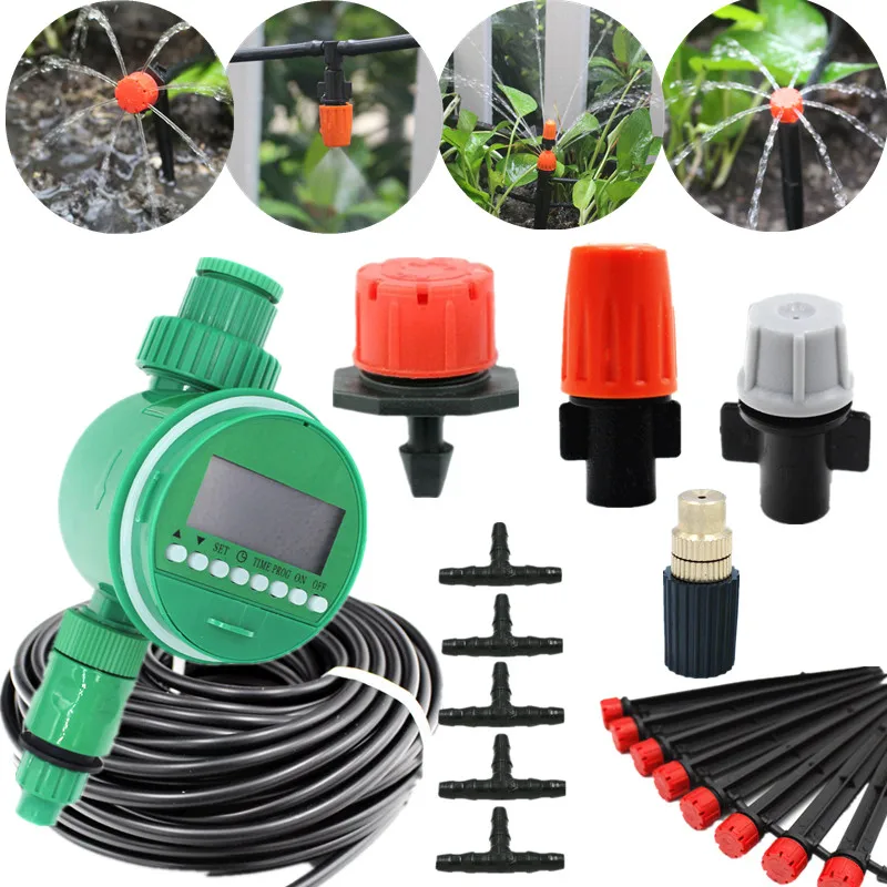 25m Watering Kits With Automatic Water Timer Adjustable Dripper On Stake Misting Sprinkler For Garden Watering Drip Fittings