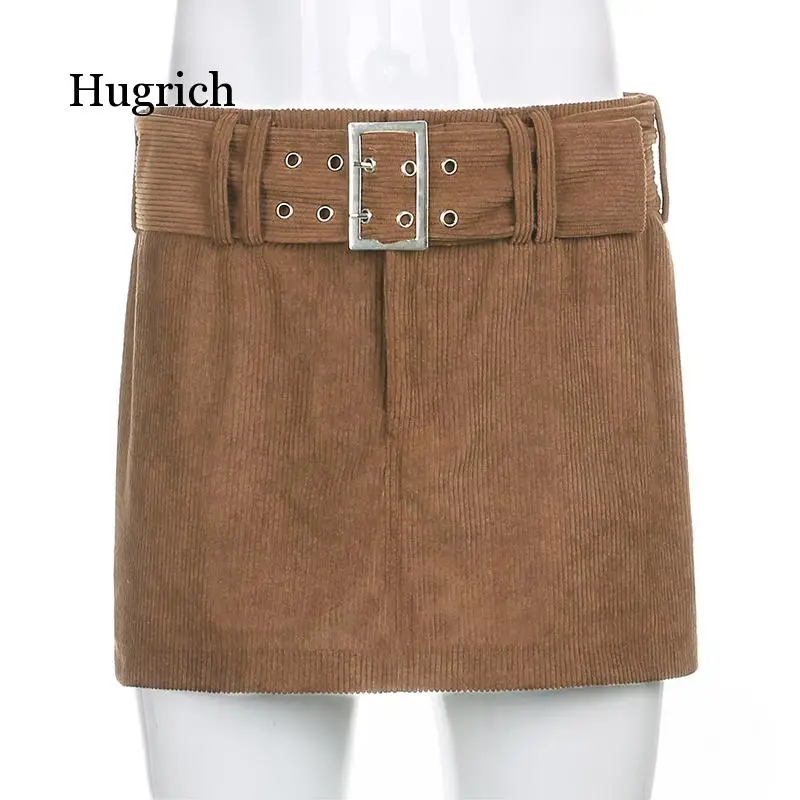 

Однотонные вельветовые юбки с низкой талией Y2K, винтажные коричневые юбки А-силуэта с поясом, модные короткие юбки в стиле 90-х годов на осень