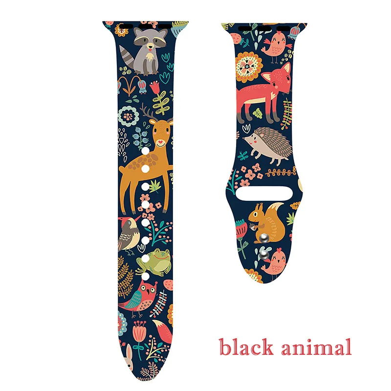 40mm 44mm Silicone Christmas Band For Apple watch 5 4 3 2 1 Bands Floral Printed Strap for iWatch Series 5 4 3 2 38mm 42mm Gifts - Цвет ремешка: black  animal