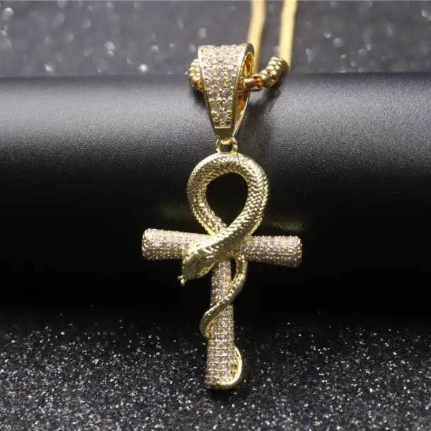 Мужские хип-хоп iced out крест АНХ с подвеска в виде змеи ожерелья проложить Установка кубического циркония Мужской Винтаж ожерелье ювелирные изделия Хип-хоп - Окраска металла: Золотой цвет