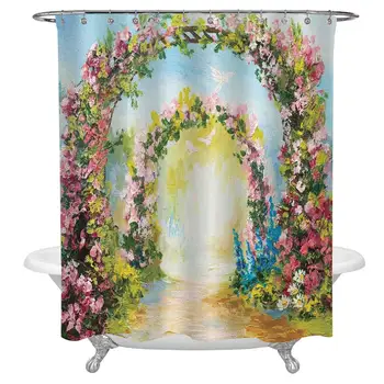 

Country Bath Curtain,Colorful Floral Arch in The Summer Park Romantic Feminine Boho Paint Style Print Decorative Fabric Shower