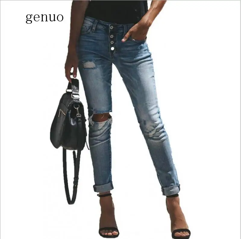 

2020 High Waist Washed Vintage Row Button Design Holes Jeans For Women Full Length Pencil Pants Summer Fashion Jeans