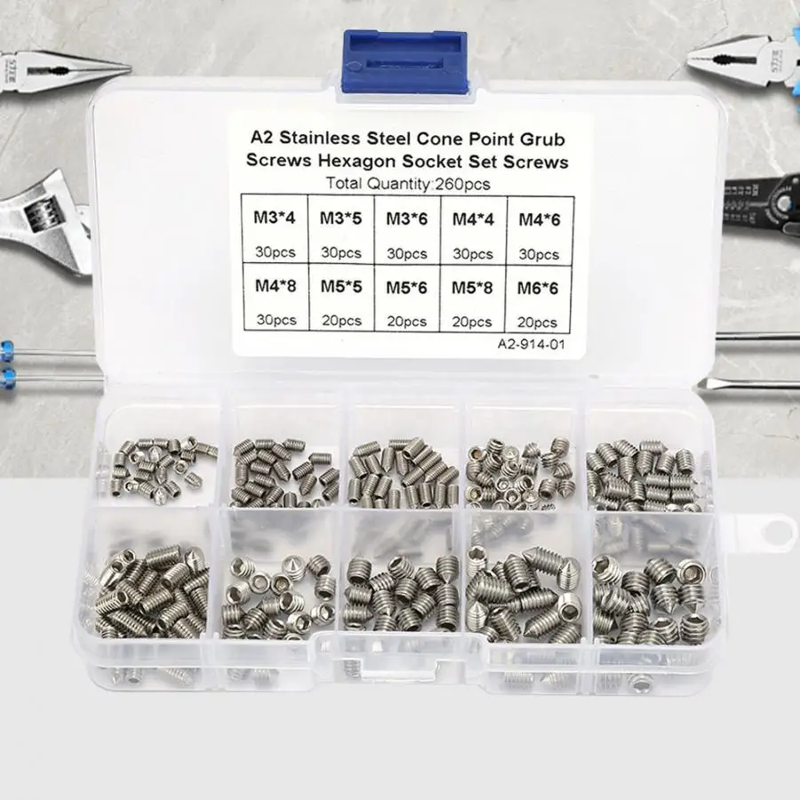 

260Pcs/set M3/4/5/6 Hex Cup Point Socket Grub Screws Stainless Steel Assortment Kit