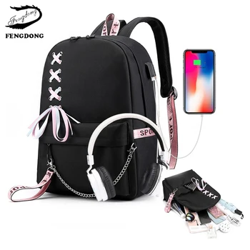 

2020 Fashion big school bags for teenage girls Laptop Backpack Kids bagpack Black Ribbon Schoolbags for children mochila escolar