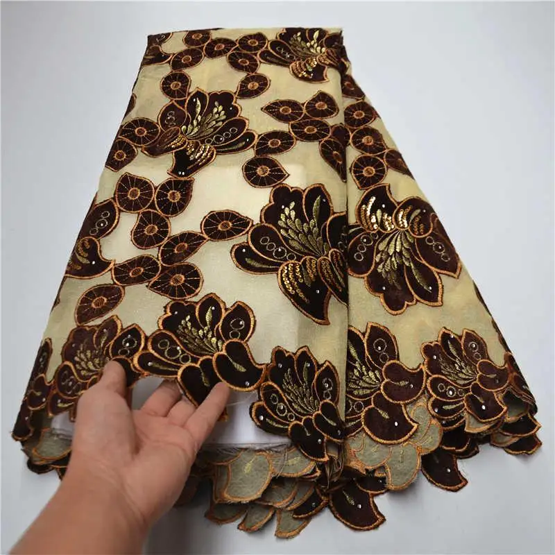 

2020 High Quality Soft Brown Embroidered African Velvet Lace With Sequins french Tulle Lace Fabric for party dress PSA33-1