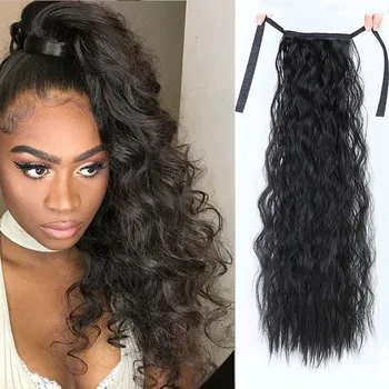

MANWEI Wavy Long Ponytail Synthetic Hairpiece Wrap on Clip Hair Extensions Ombre Brown Pony Tail Blonde Fack Hair