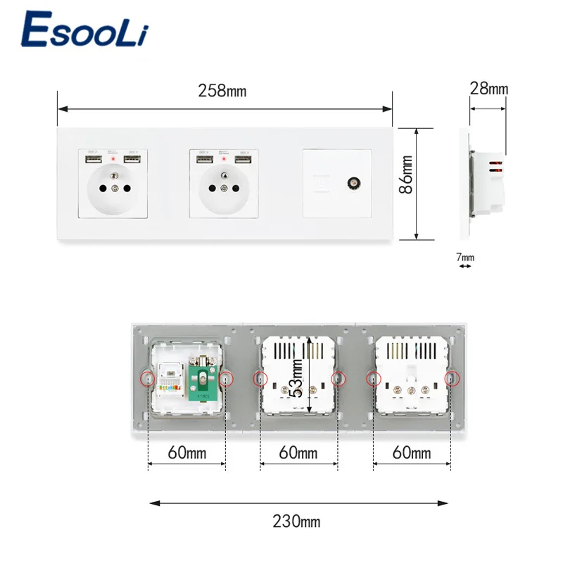ESOOLI PC пластиковая панель двойное французское Стандартное Гнездо с 4 USB разъемами