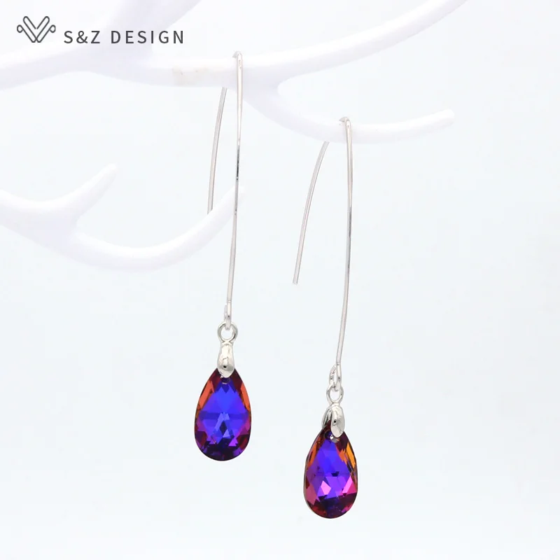 S&Z DESIGN New Fashion White Gold Color Water Drop Crystal Dangle Earrings Simple Long Ear Hook For Women Party Jewelry Gift