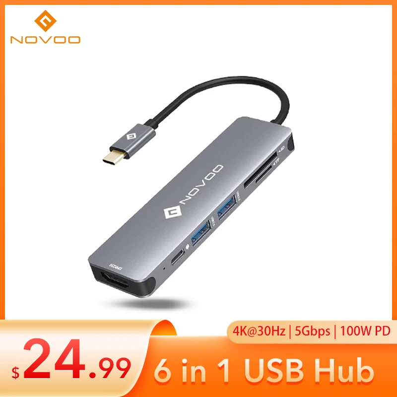 КОД:1111WOW(1000₽-120₽) Док-станция NOVOO для ноутбука USB C концентратор 6 в 1 адаптер с 4K @ 30