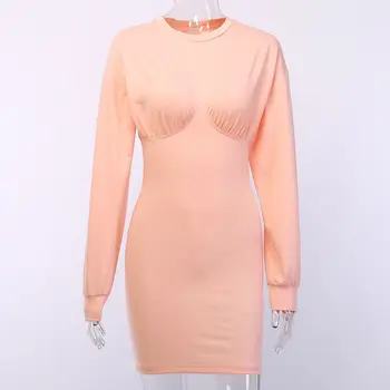 

Women Dress Autumn Long-sleeved Stitching Solid Color Oversized Elegant Bodycon Mini Dresses Sweet Light Pink Vestidos