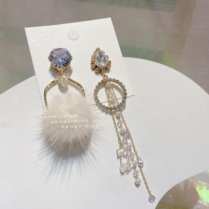

MENGJIQIAO Korean Winter Fashion Asymmetric Waterdrop Crystal Drop Earrings For Women Girl Fluffy Ball Pompon Pendientes Jewelry