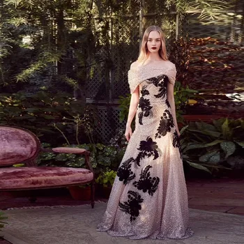 

2019 New Design Elegant Off Shoulder Beige Gowns Fashion Sequined Luxury Beaded Slash Neck Celebrity Women Party Maxi Dresses