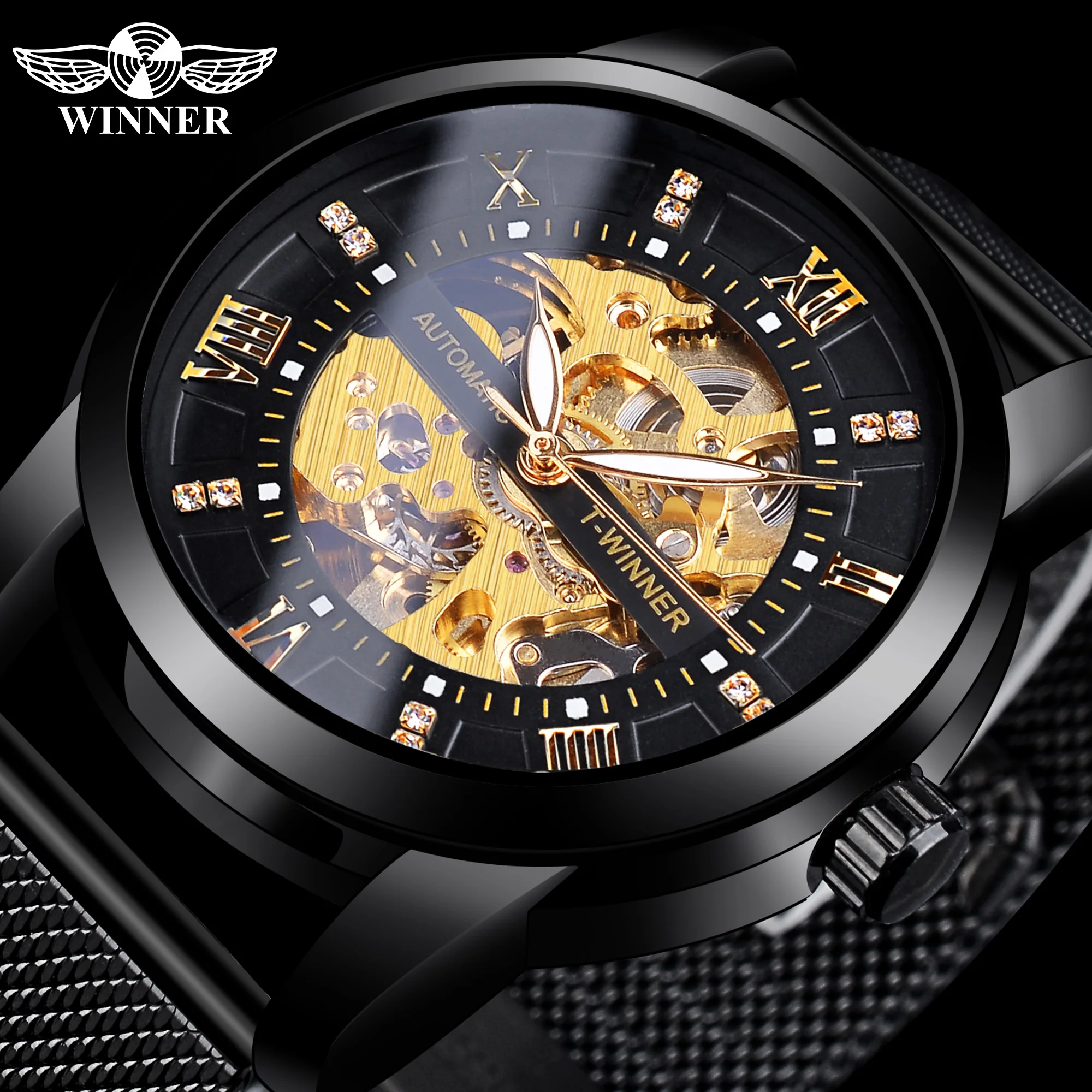 Winner Luxury Automatic Watch Waterproof Men Mechanical Wristwatches Diamond Skeleton Watches Black Golden Mesh Band Clock