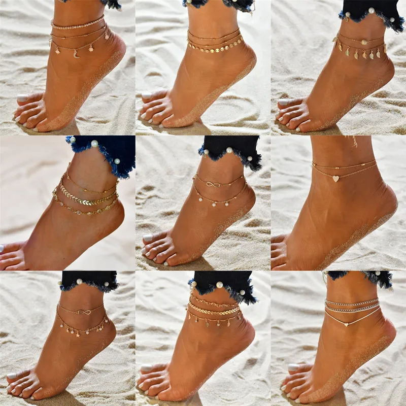 Bohemian Crystal Sequins Anklet Set Fashion Handmade Ankle Bracelet for Women Summer Foot Chain Beach Barefoot Jewelry