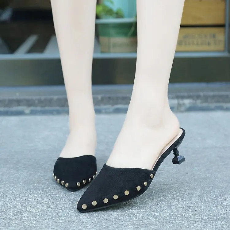 

2020 New Style European Loafers Women Thin Heeled Slippers Female Summer Fashion Baotou Slippers Women Outerwear Pointed 35-40