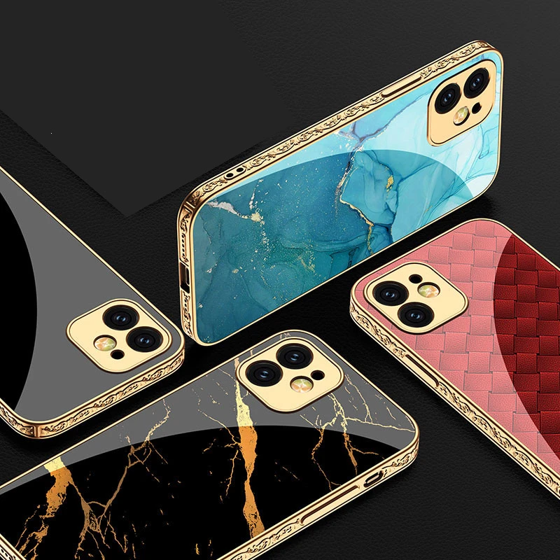 Luxury Plating Embossed Hard Phone Case For Iphone 12 13 Pro Max 13 12 Promax Gold Red Black Marble Tempered Glass Back Cover Mobile Phone Cases Covers Aliexpress