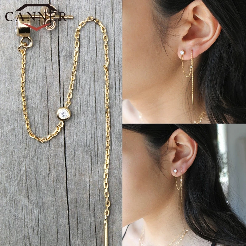 CANNER 925 Sterling Silver Ear Jewelry Crystal Zircon Stud Earrings for Women Gold Rainbow Moon CZ Chain Earring