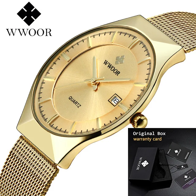 VIP WWOOR-8016 ультратонкий модный мужской наручные часы лучший бренд класса люкс деловые часы водонепроницаемые устойчивые к царапинам мужские часы - Цвет: gold with box