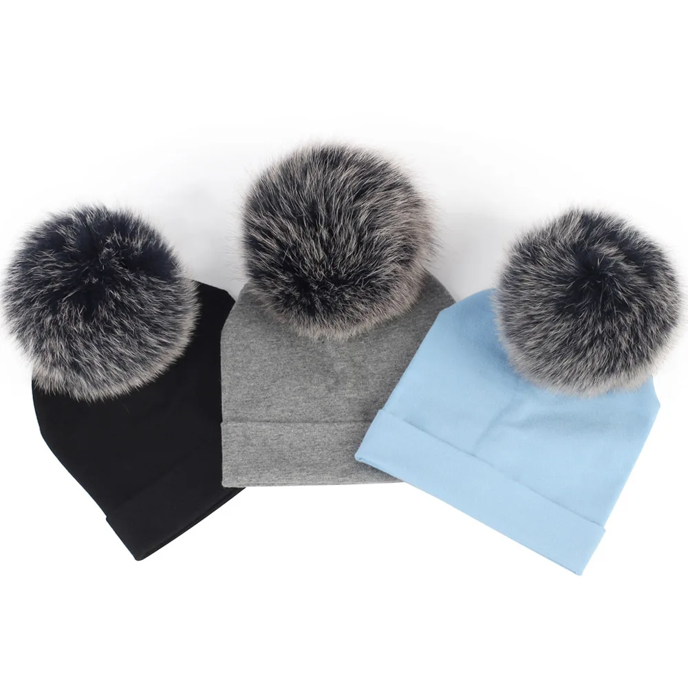 Autumn and Winter Baby Girls and Boys Beanie Hat Cotton Caps with Fox Fur Pompom Skullies Beanies Newborn Kids Plain Hats