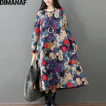 DIMANAF женское платье большого размера винтажное зимнее плотное флисовое свободное ТРАПЕЦИЕВИДНОЕ женское элегантное платье с цветочным принтом