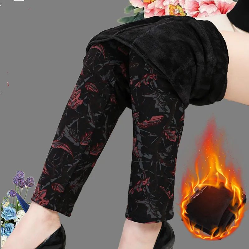 2020 New Wear Autumn Winter Middle Age Women Plus Thick Velvet Leggings Female Mom High Elastic Pants Print Flower Trouser M156
