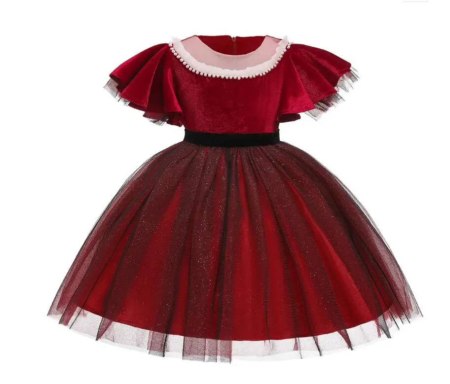 Новые красные платья с буфами на рукавах для маленьких девочек; детская модная праздничная одежда принцессы; 5 шт/лот;