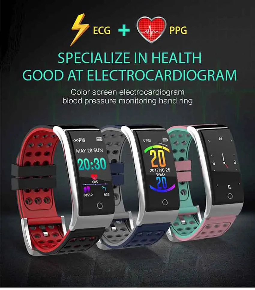 ECG PPG ремешок для умного браслета фитнес-трекер IP67 водонепроницаемый спортивный смарт-браслет часы кровяное давление монитор кислорода крови E08