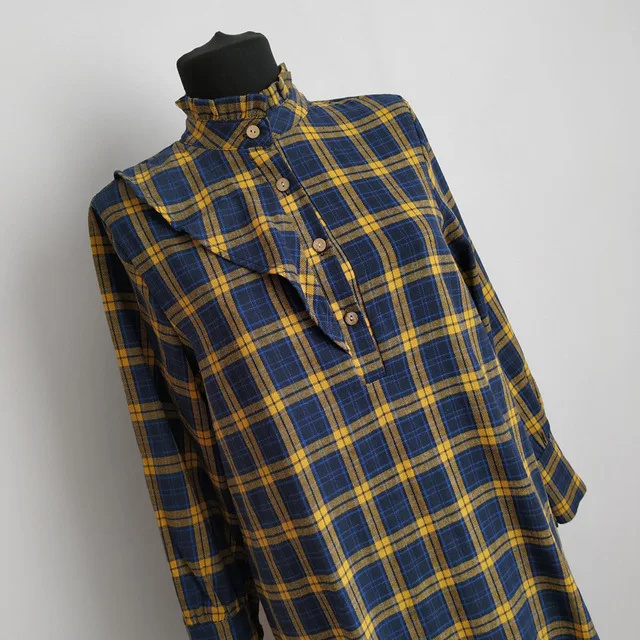 Women cotton and linen dress autumn winter female fashion vintage plaid elegant a-line dress long sleeve casual dress