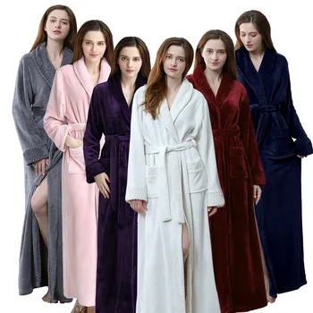 

Women Nightgown Bathrobe Solid Full Flannel Robe Ankle-Length Wear A Belt Thicken Sleepwear Keep Warm Home Clothes Plus Size