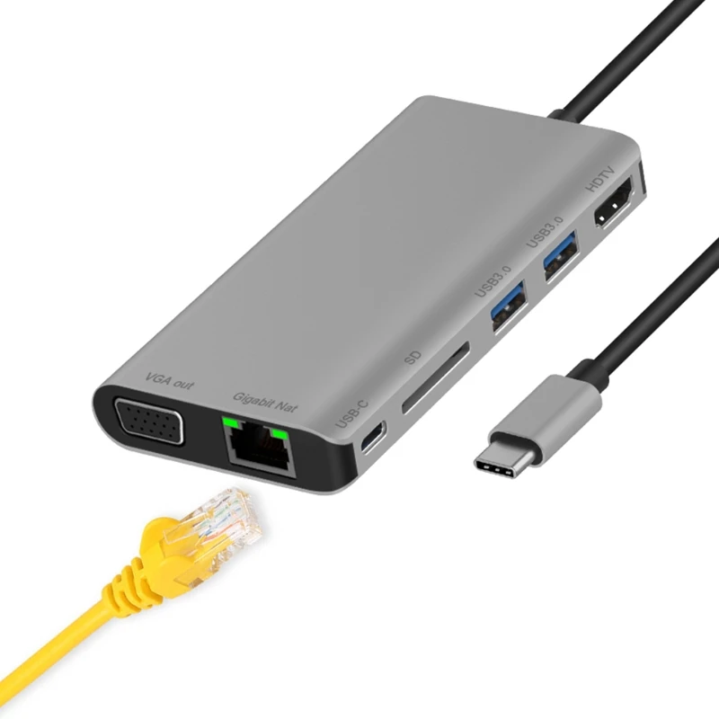 

Type-C Multi-function Dock Station with USB3.0x2/SDx1 Card+HDMI/VGA+JACK 3.5+RJ45+Type-c(PD) port