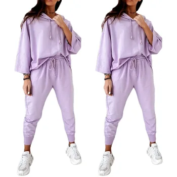 

Women's Hoodie, Fall Trousers Suit, Elastic Home Gym Lace-up Wear Solid Color Loose Pants